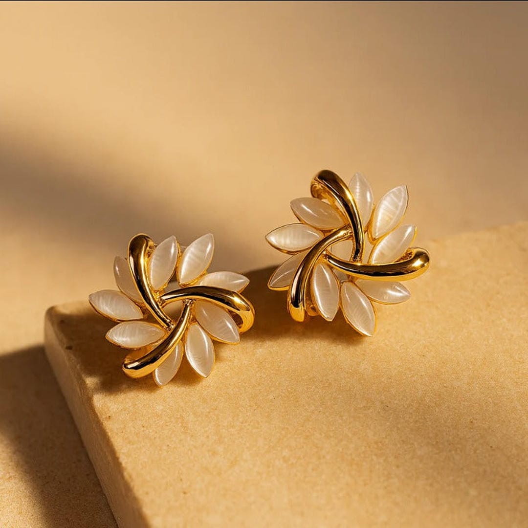 Gold Leaf White Opal Stud Earrings