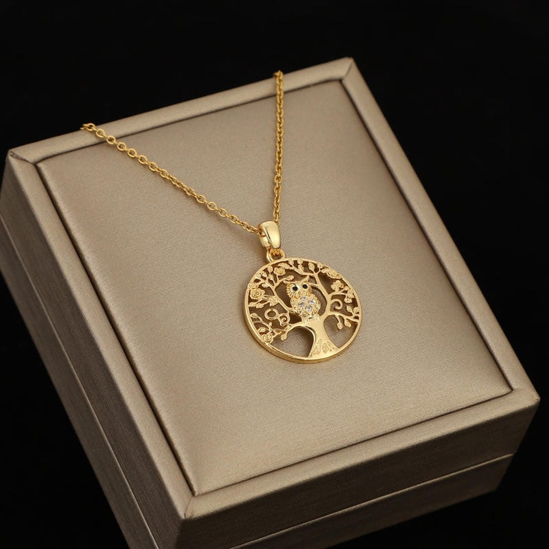 Gold Owl Forest Zirconia Necklace
