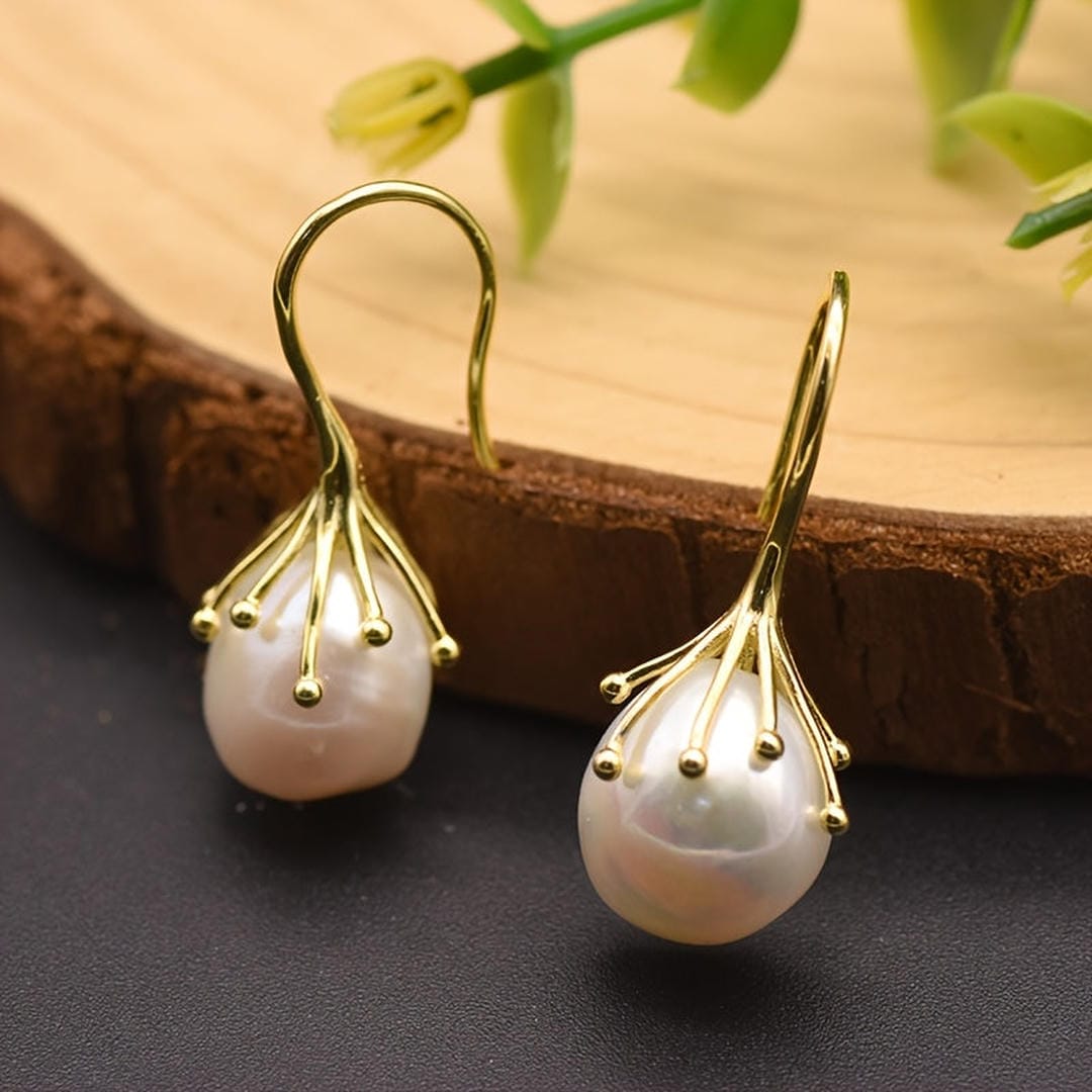 Gold Pearl Blossom Drop Earrings