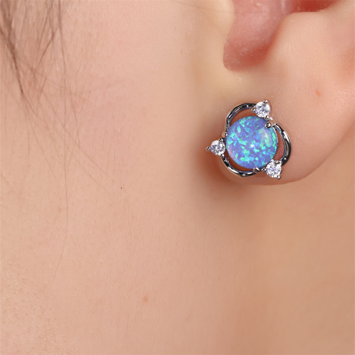 Round Opal Silver Stud Earrings