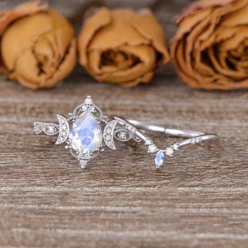 Unique Moonstone Engagement Ring Set