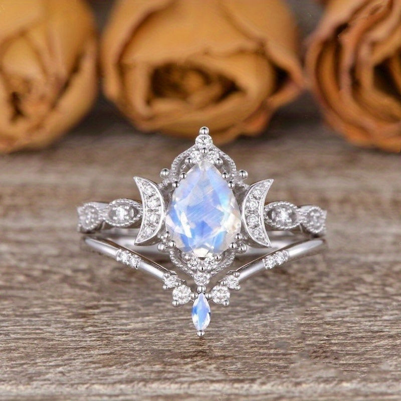 Unique Moonstone Engagement Ring Set