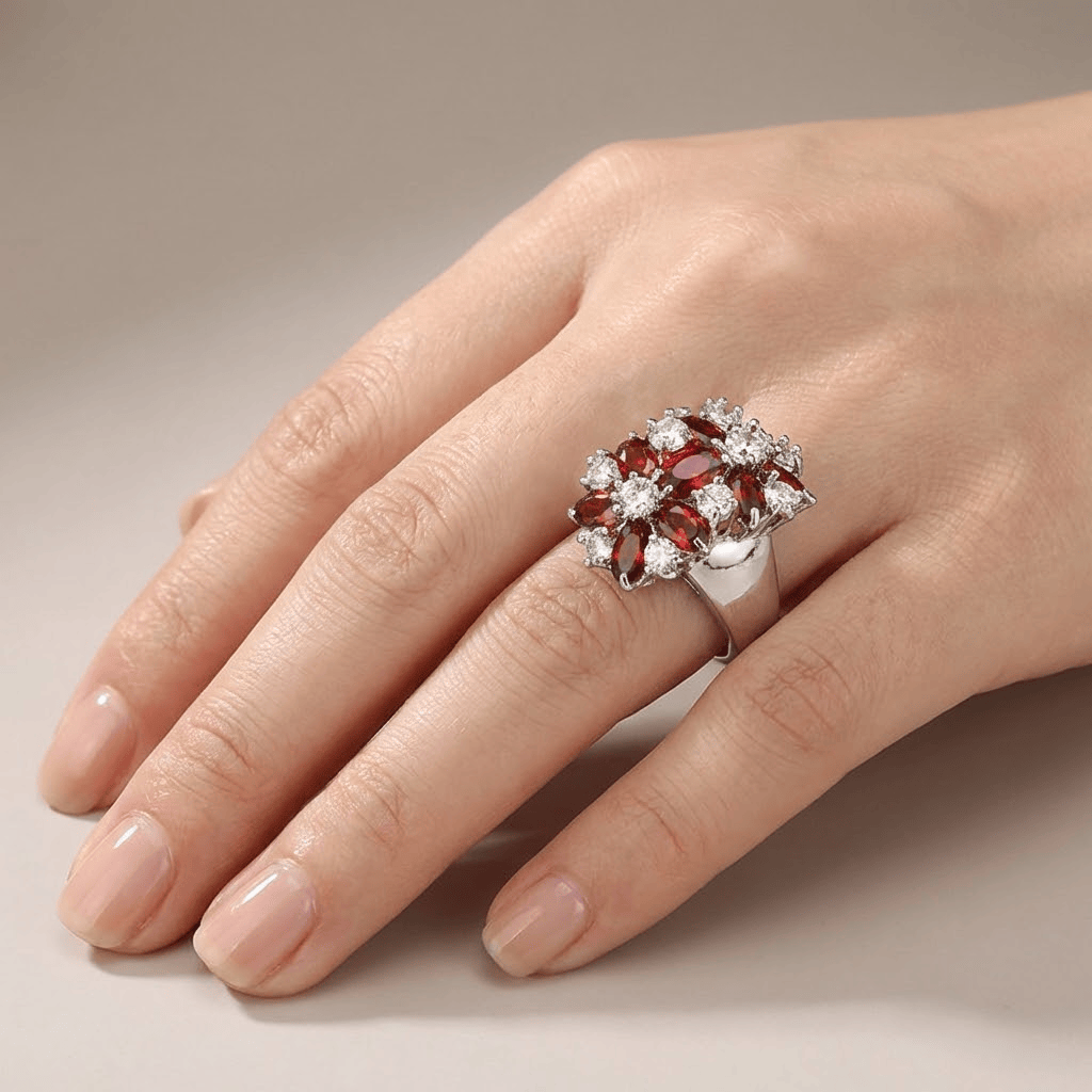 Crimson Garnet Flower Ring
