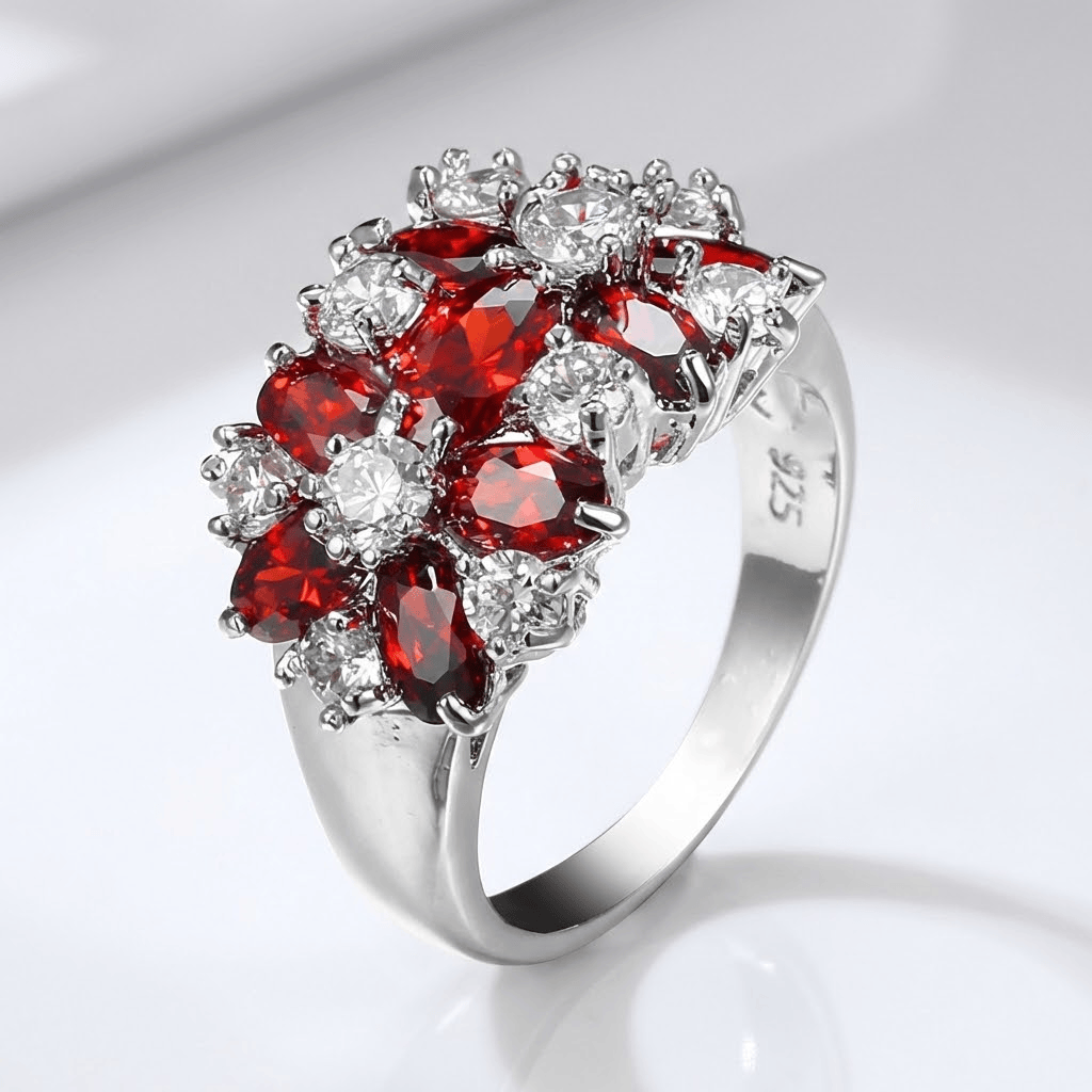 Crimson Garnet Flower Ring