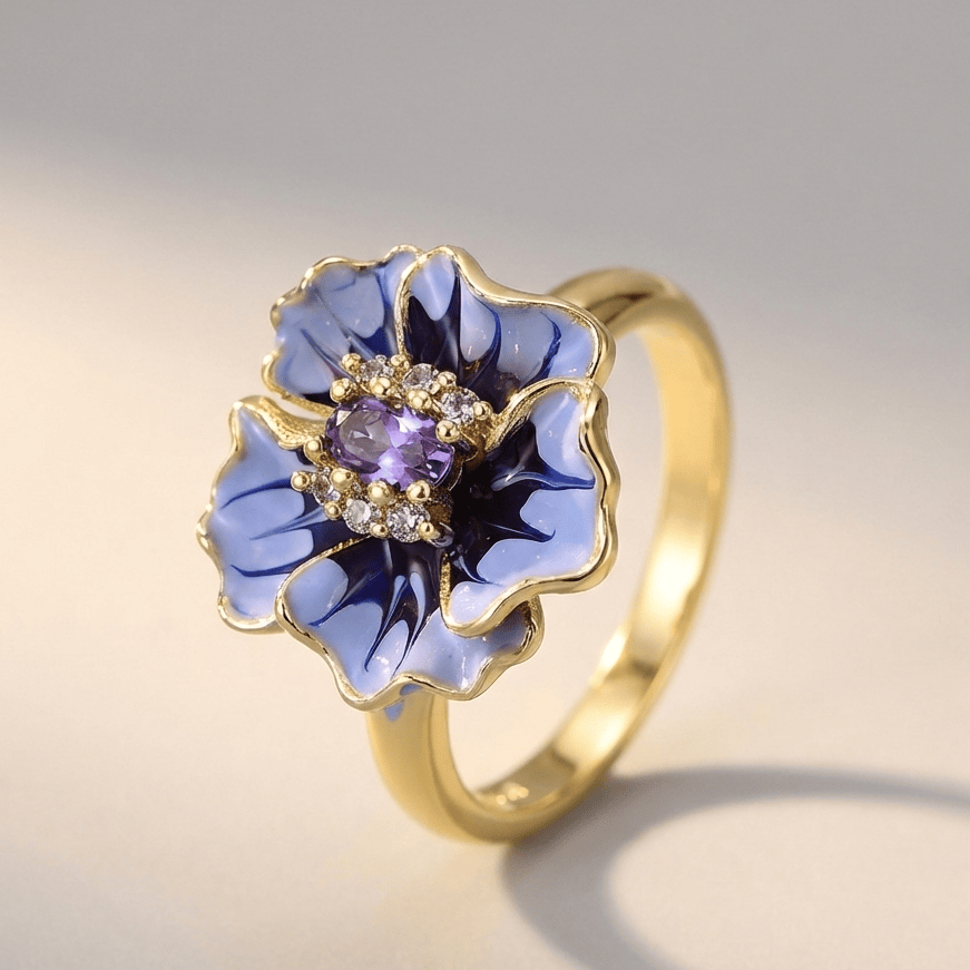 Blue Blossom Charm Gold Ring