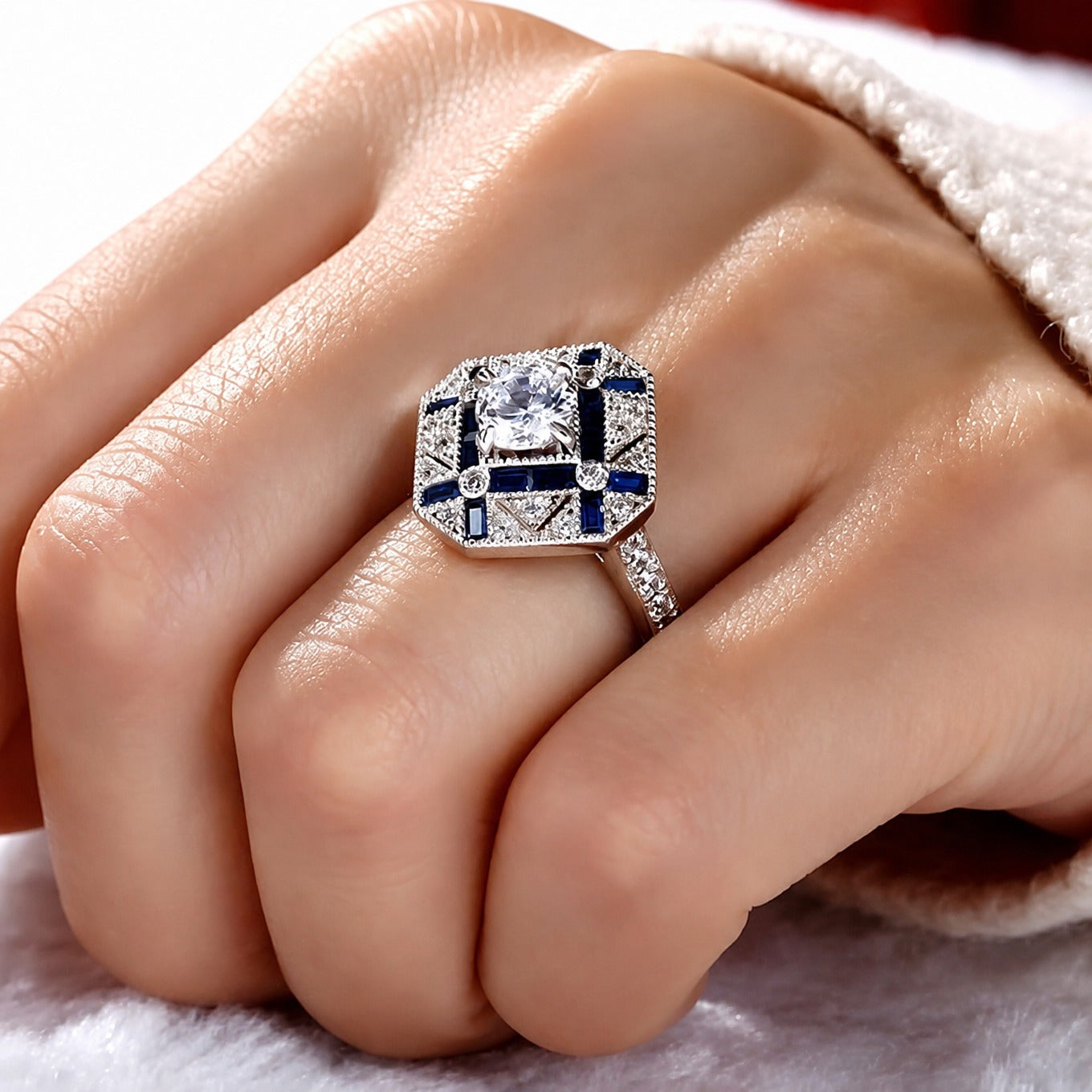 Geometric Sapphire Statement Ring