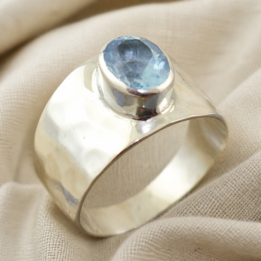 Blue Zirconia Hammered Ring