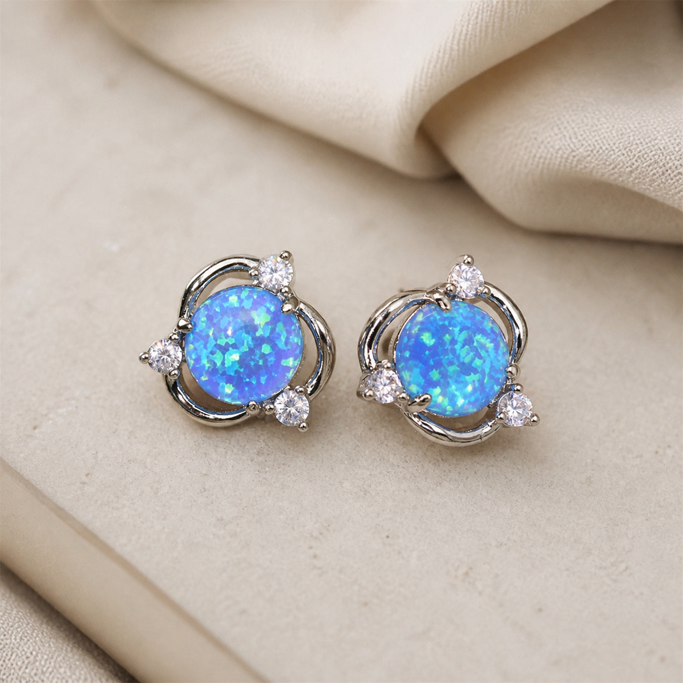 Round Opal Silver Stud Earrings