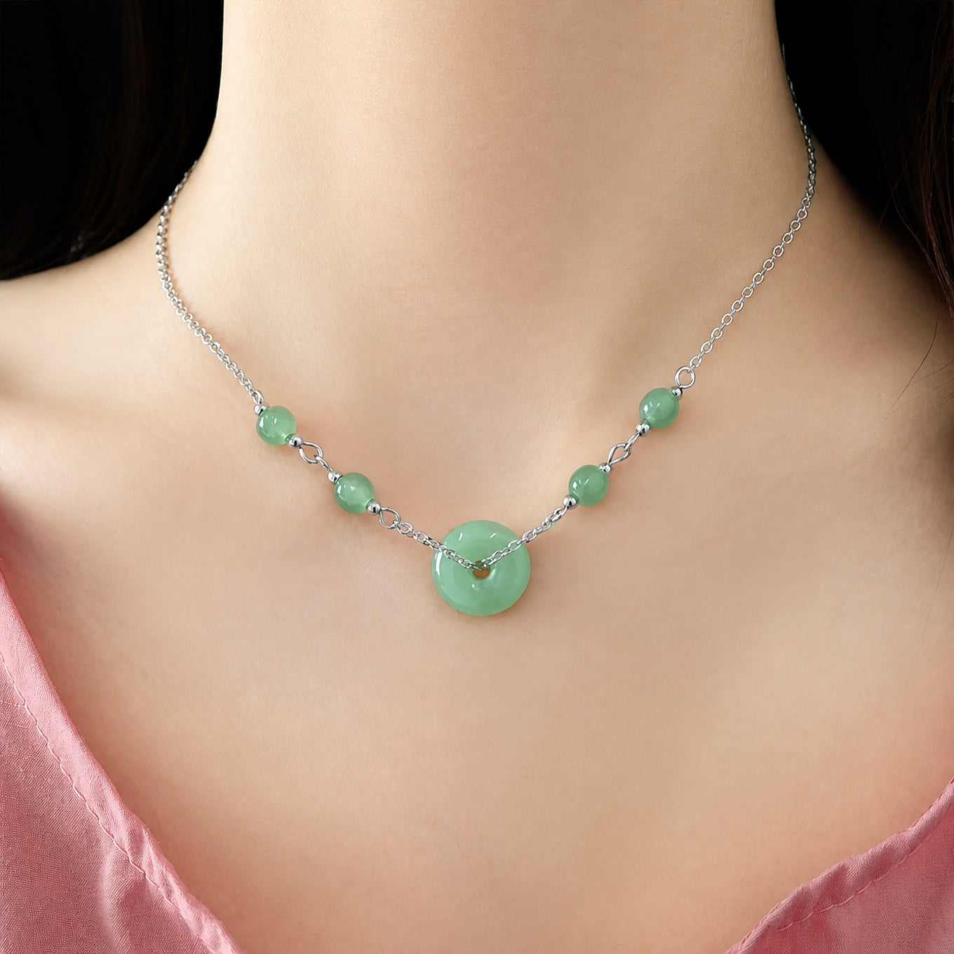 Jade Donut Pendant Bead Necklace