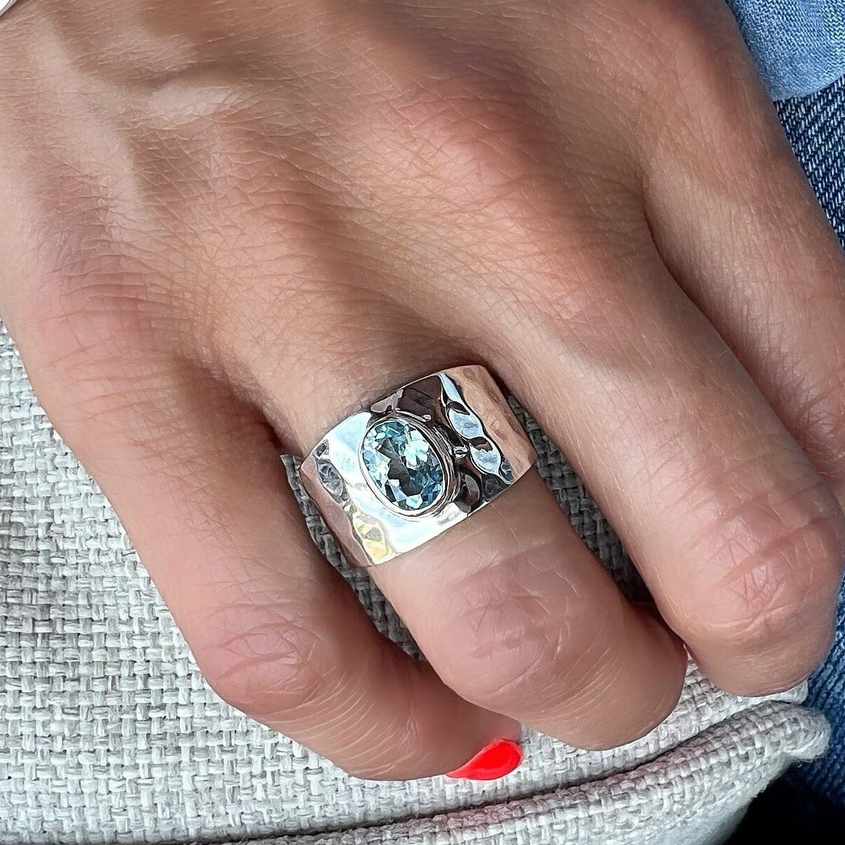 Blue Zirconia Hammered Ring