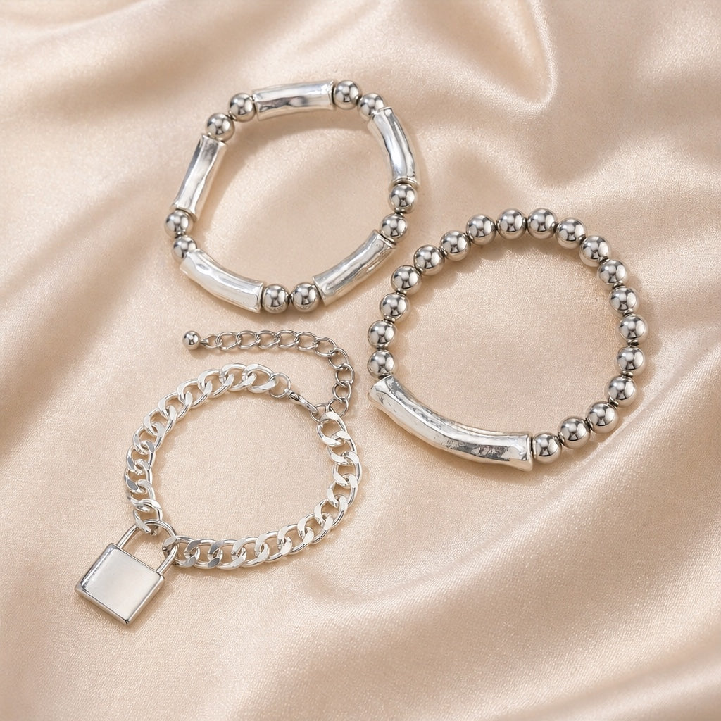White Gold Beaded Punk Lock Bracelet Set