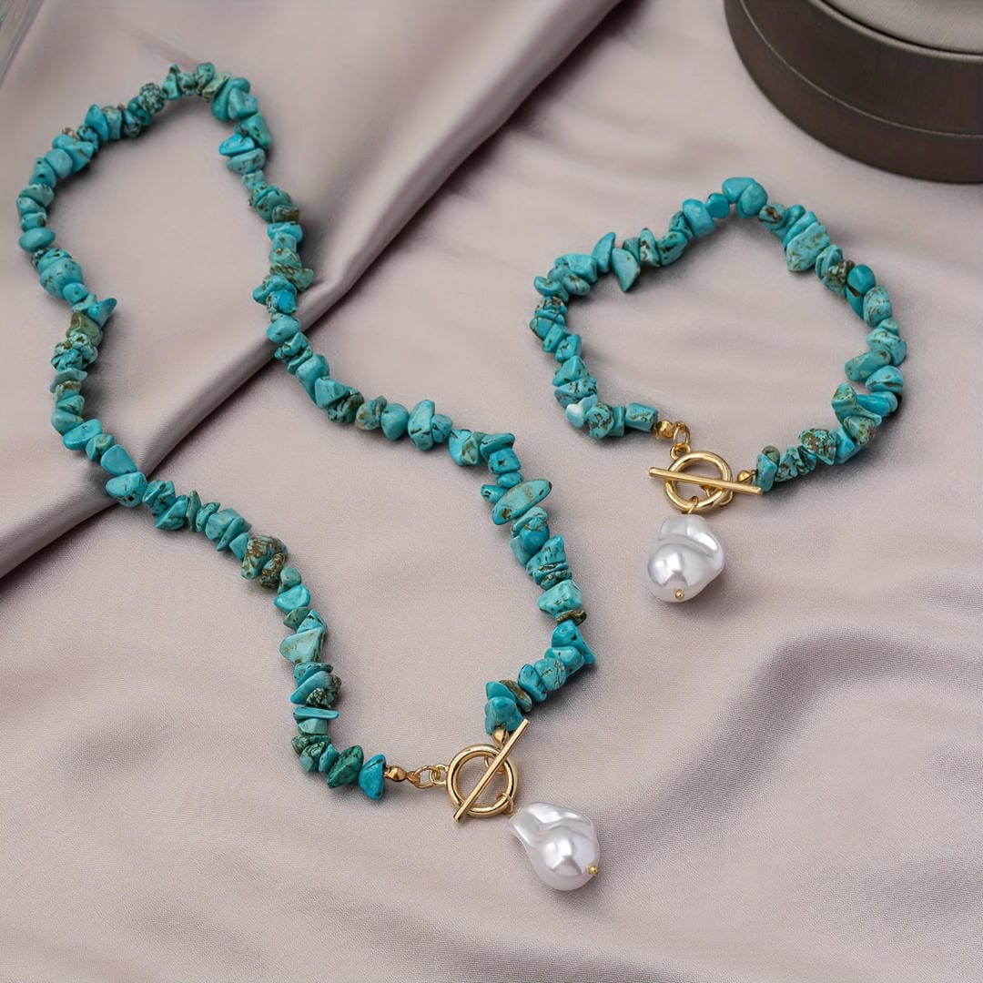 Boho Chip Bead Pearl Pendant Set