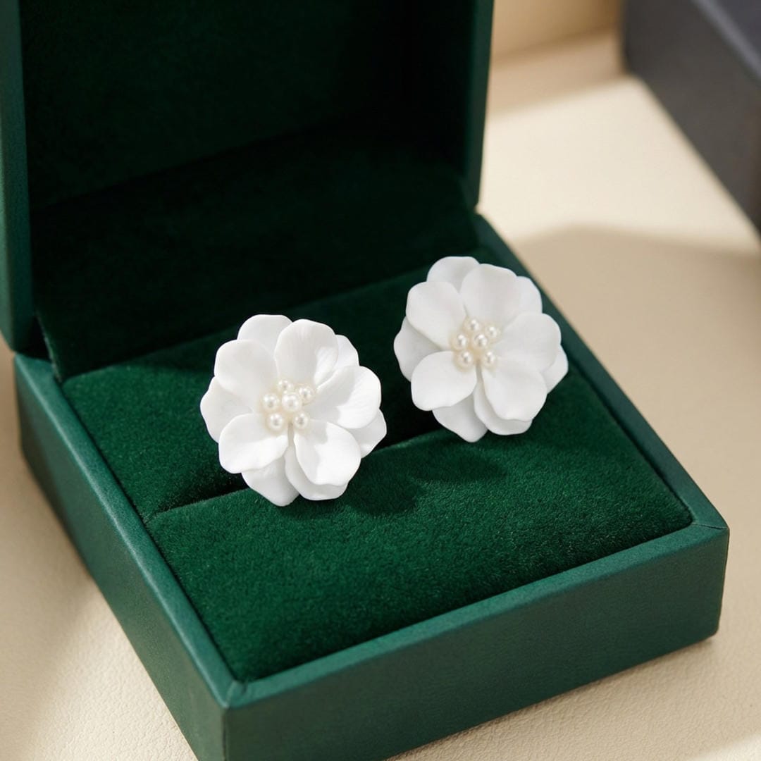 Pearl Center White Blossom Stud Earrings