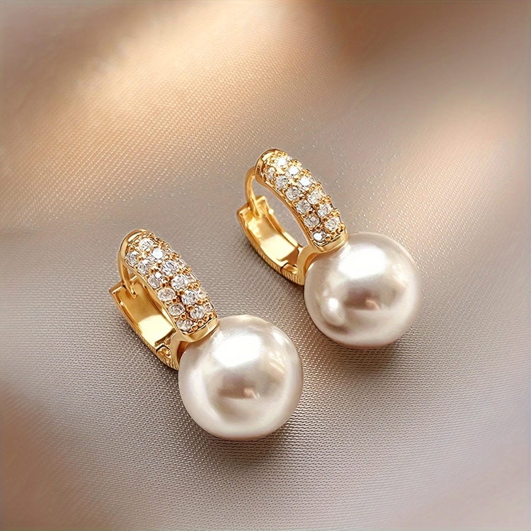 Pearl Huggie Paved Drop Earrings