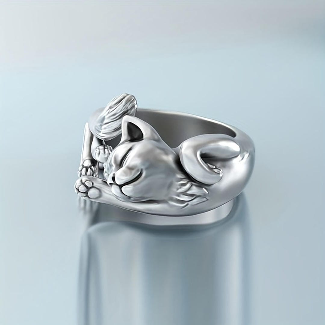 Silver Sleepy Cat Adjustable Ring