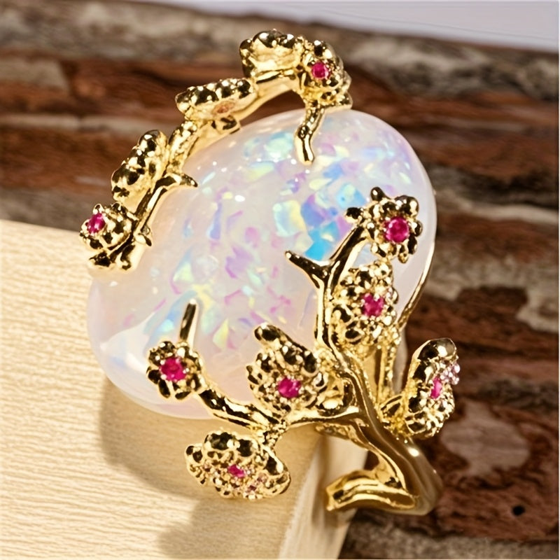 Floral Shiny Opal Statement Ring