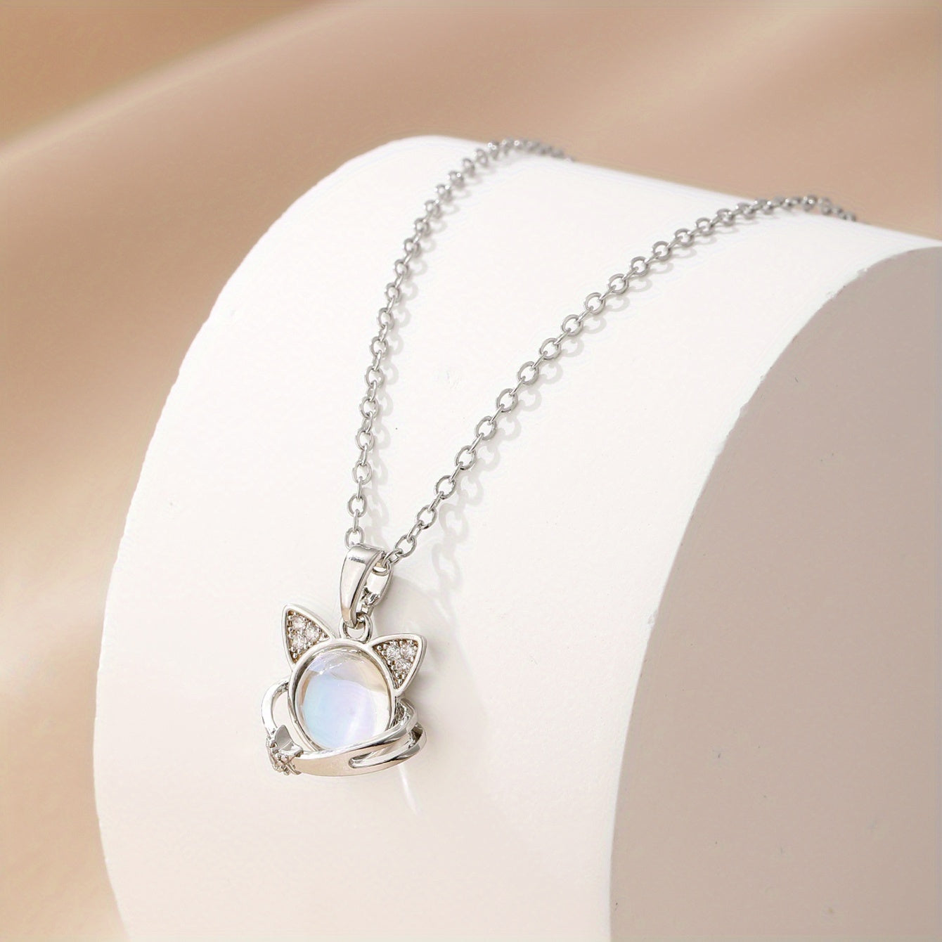 Adorable Moonstone Kitty Charm Necklace