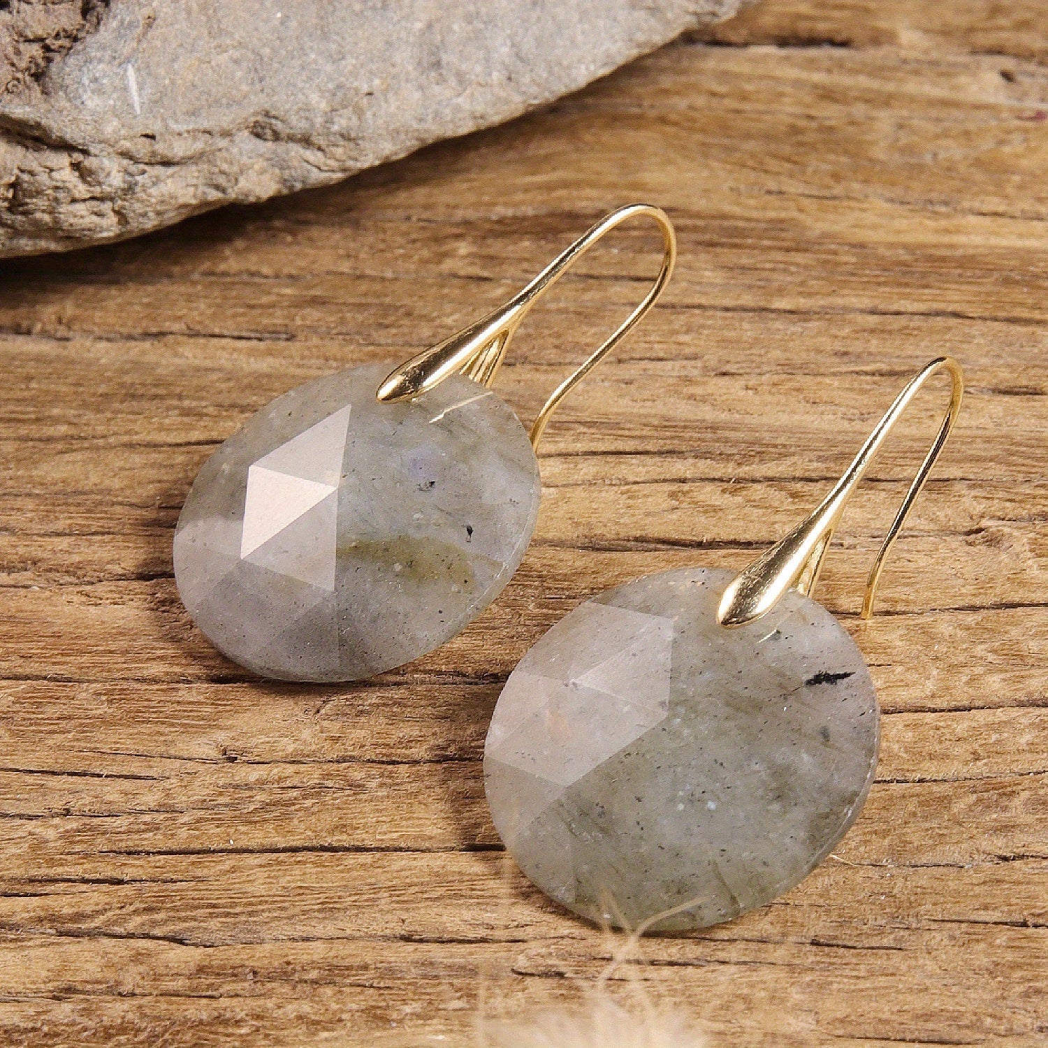 Faceted Round Moonstone Gold Earrings
