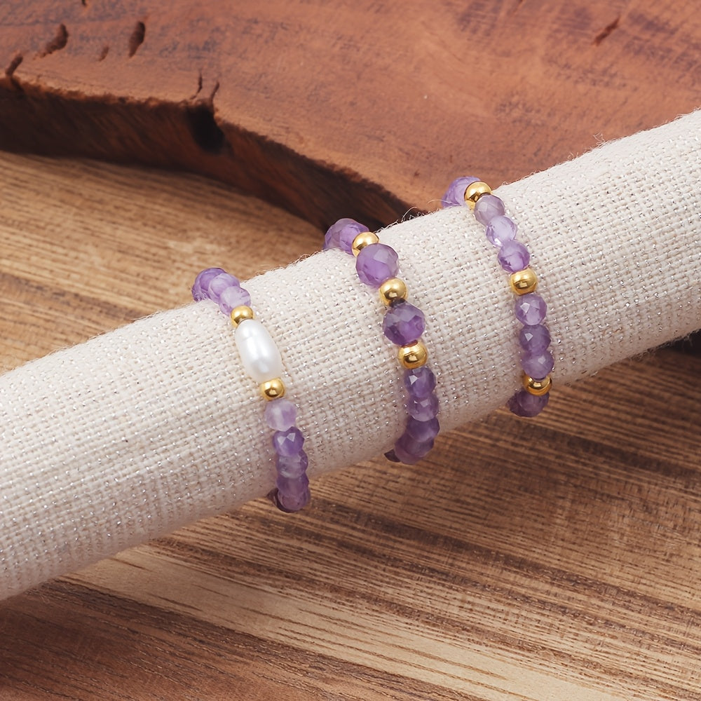 3pcs Set Amethyst Beaded Rings