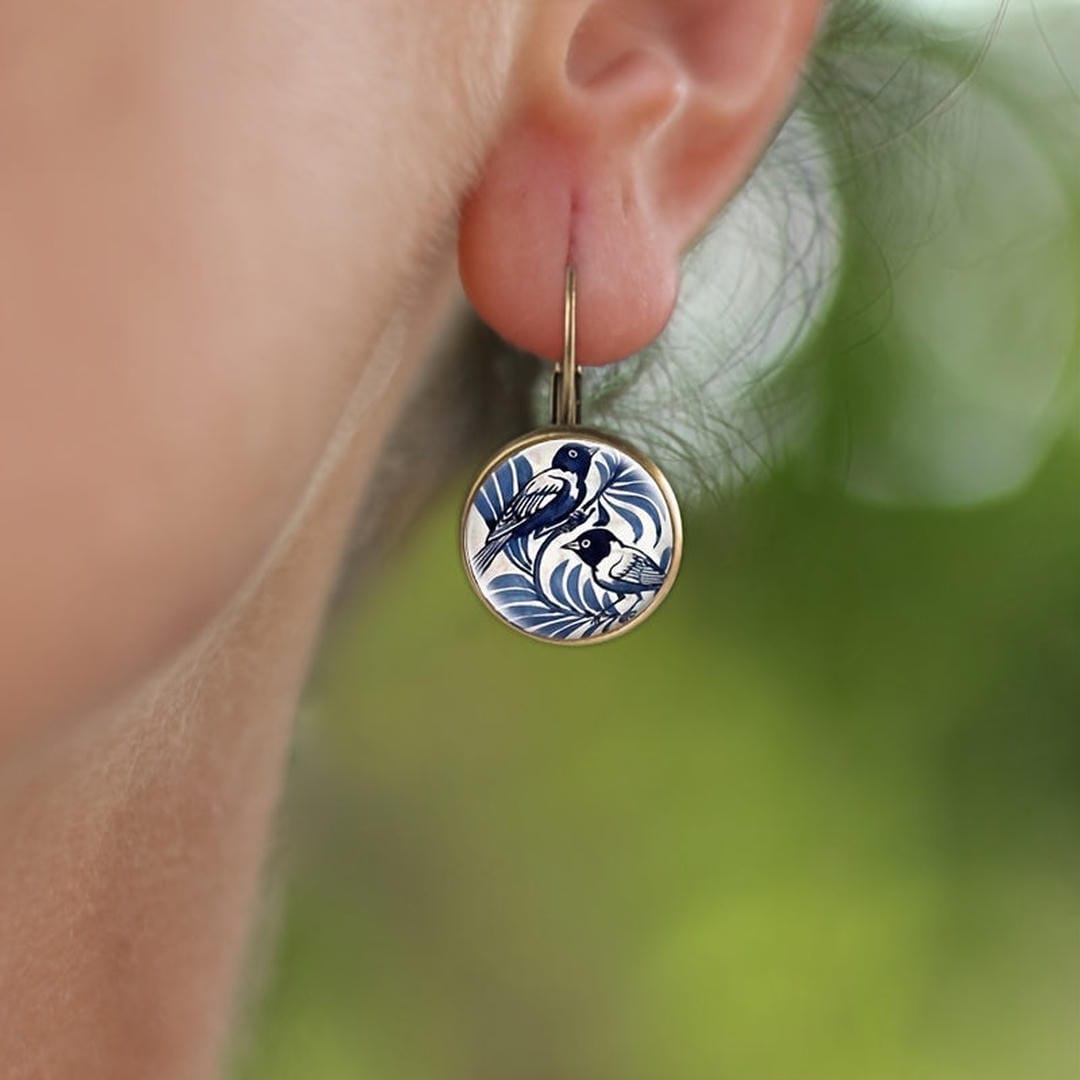 Bird Botanical Round Drop Earrings