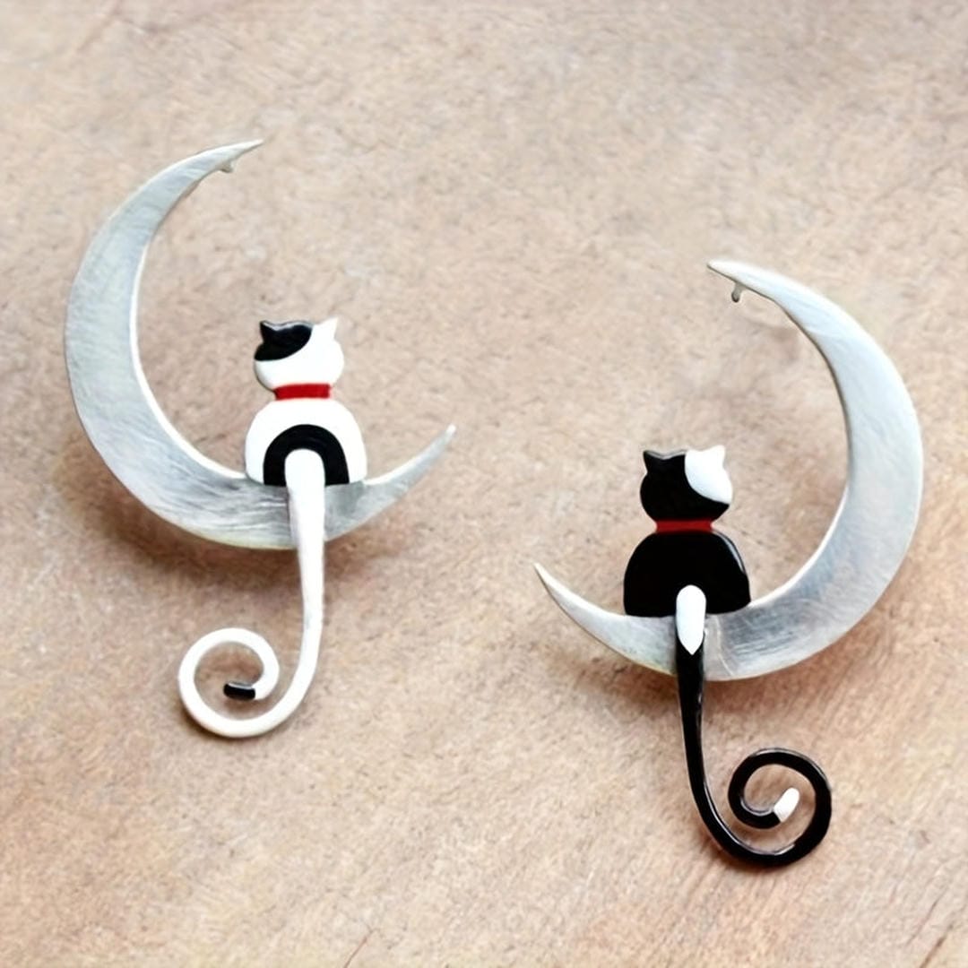 Cat in the Moon Asymmetrical Stud Earrings