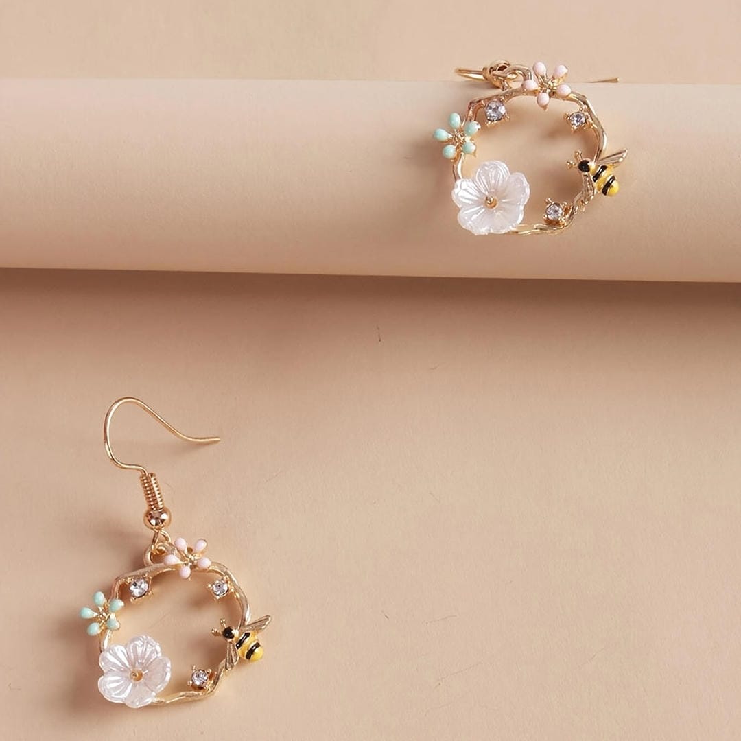 Bee Flower Gold Drop Earrings
