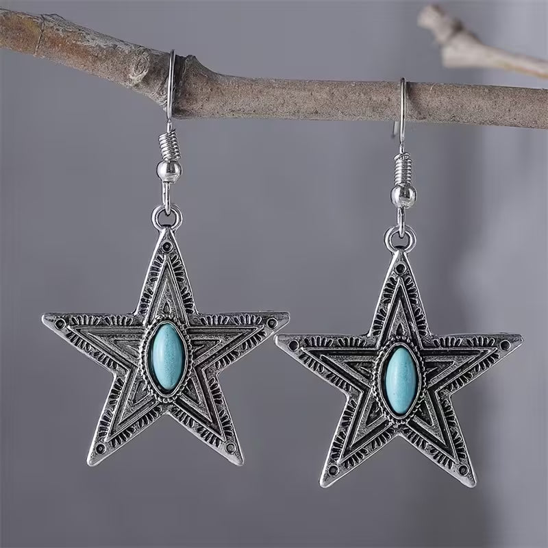 Antiqued Silver Turquoise Star Earrings