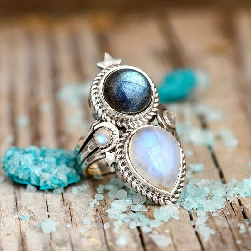 Celestial Moonstone Labradorite Silver Ring