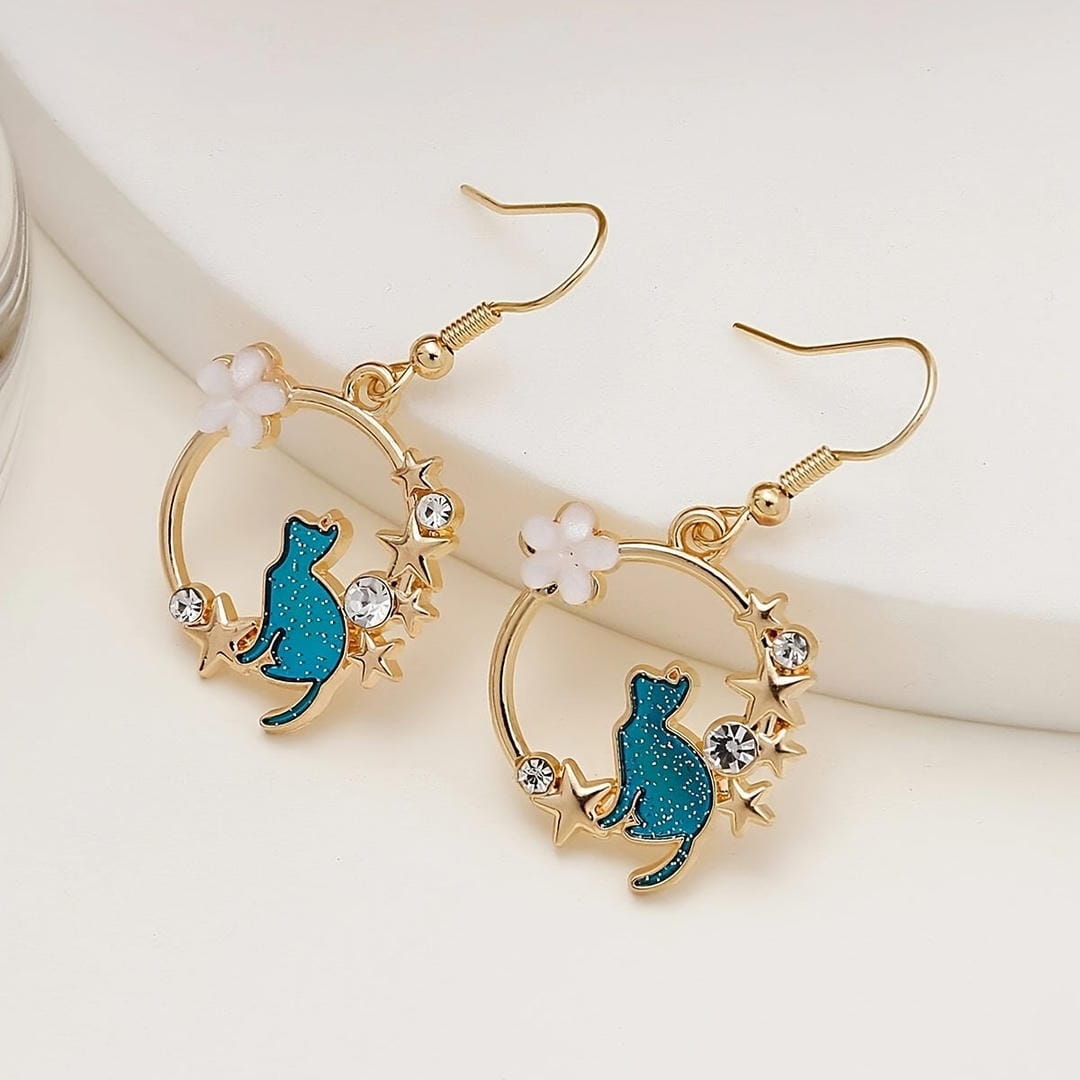 Flower Cat and Star Dangle Earrings