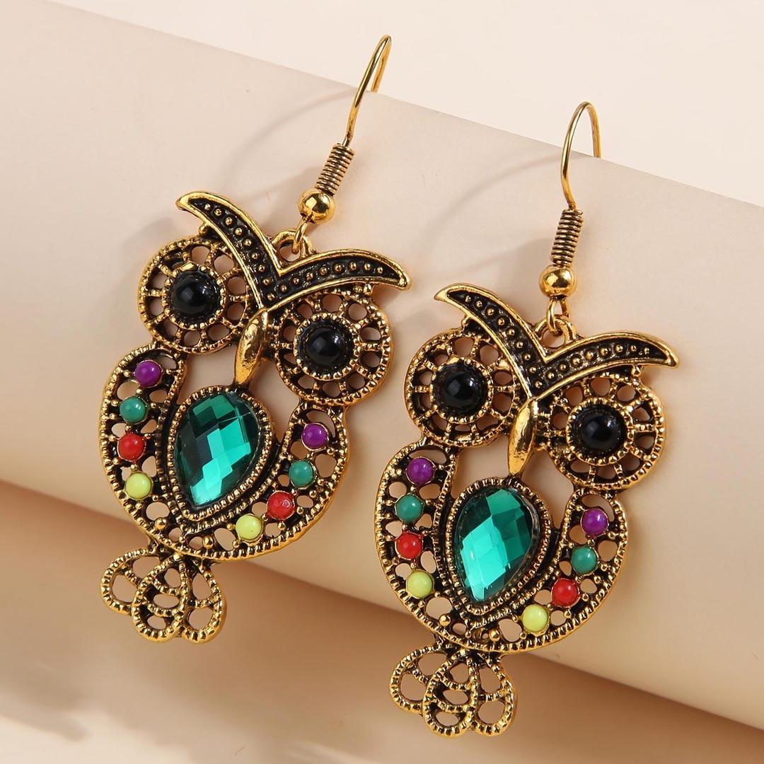 Vintage Owl Gem Dangle Earrings