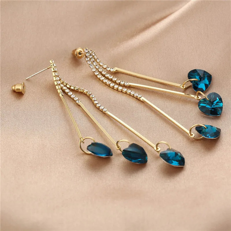 Elegant Blue Crystal Heart Rain Earrings