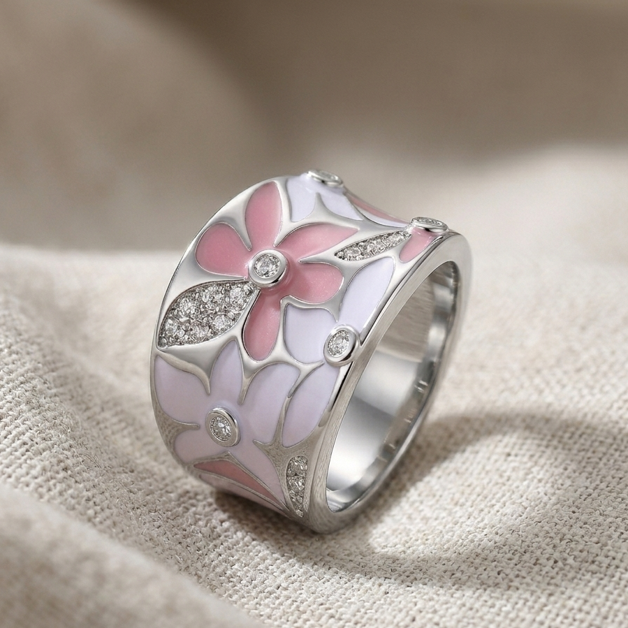 Pink Blossom Silver Ring