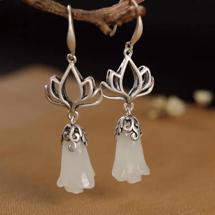 White Jade Magnolia Flower Earrings