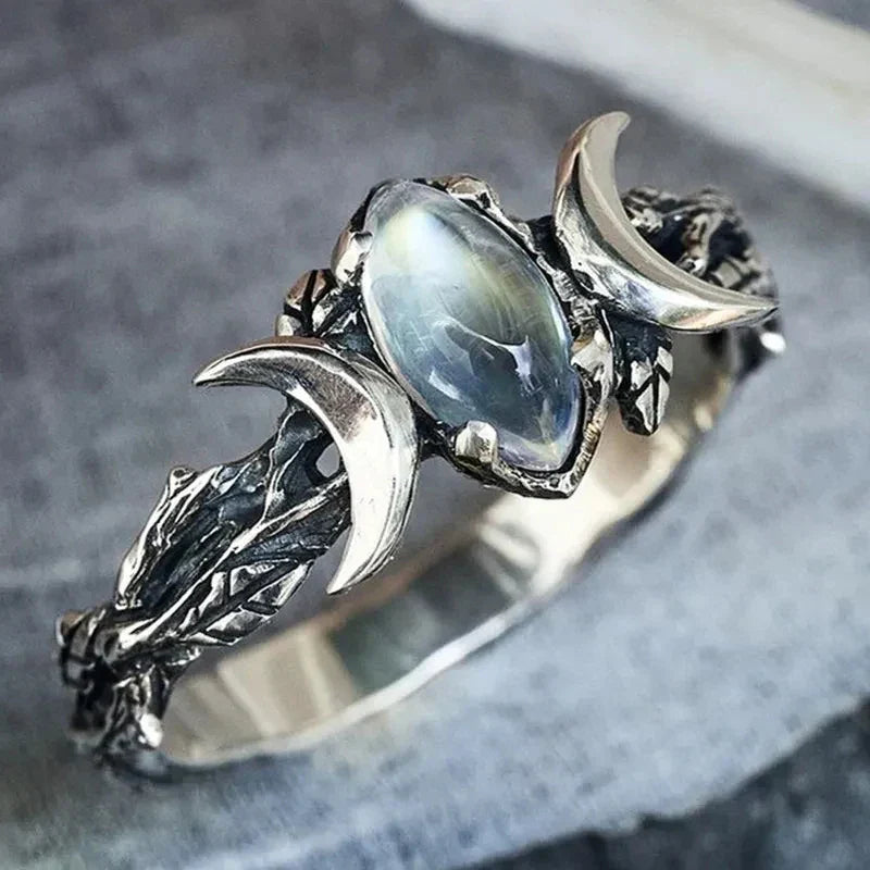 Celestial Crescent Moon Moonstone Ring