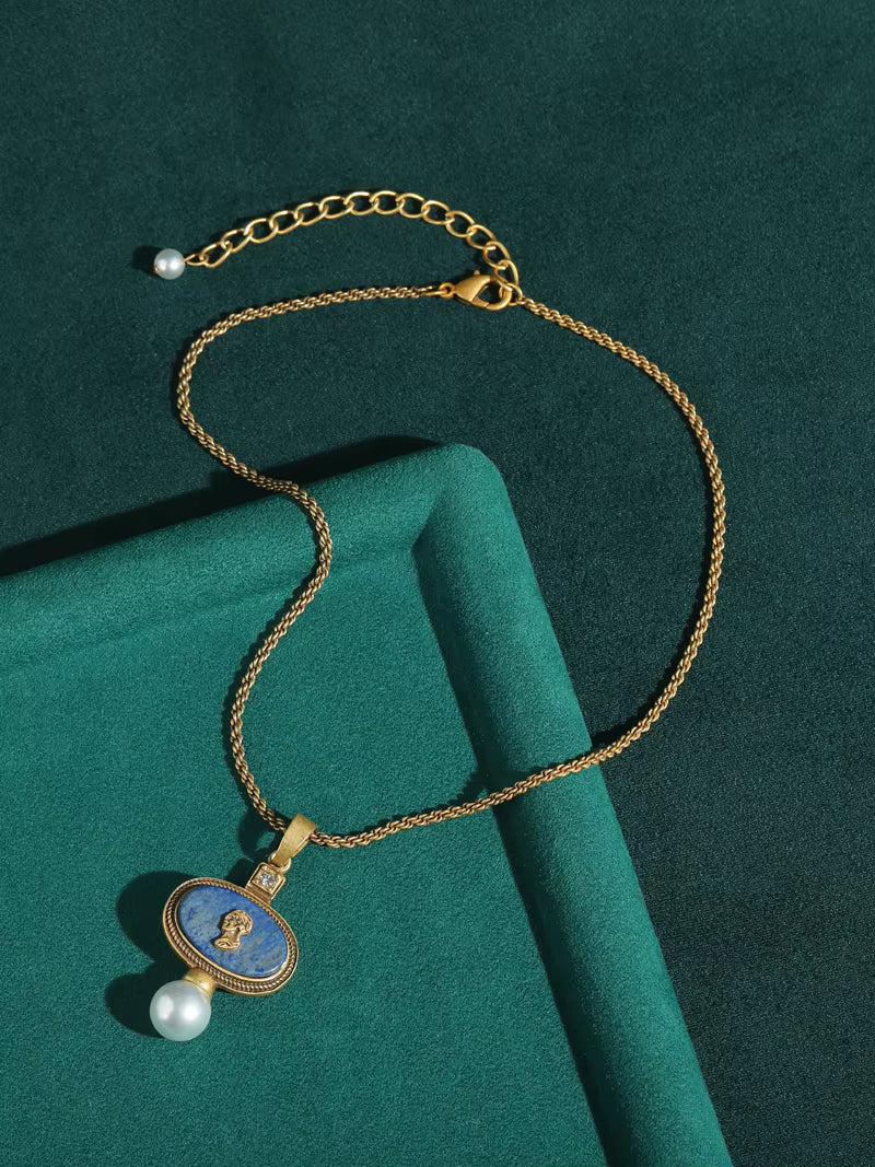 Antique Lapis Lazuli Cameo Necklace Earrings Set