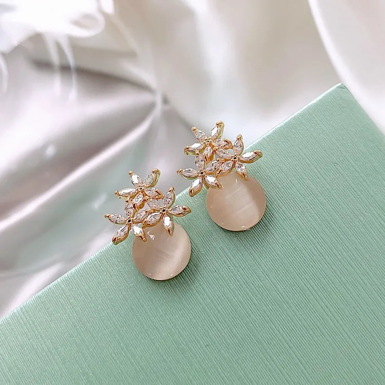 Floral Opal Pearl Drop Stud Earrings