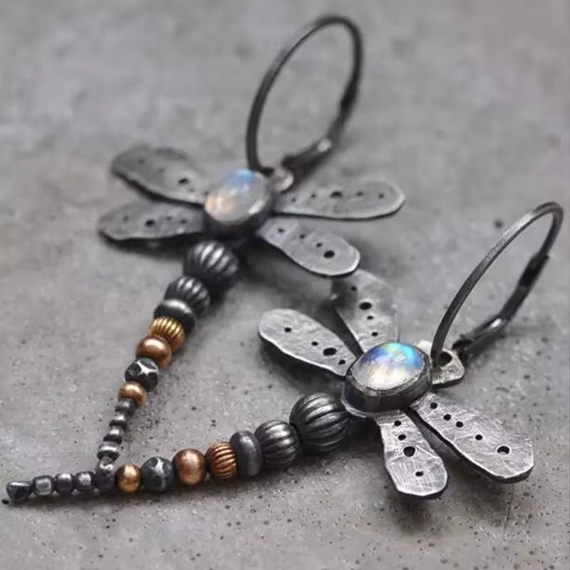 Vintage Dragonfly Moonstone Drop Earrings