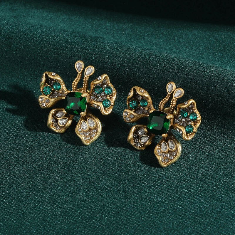 Emerald Butterfly Crystal Gold Earrings