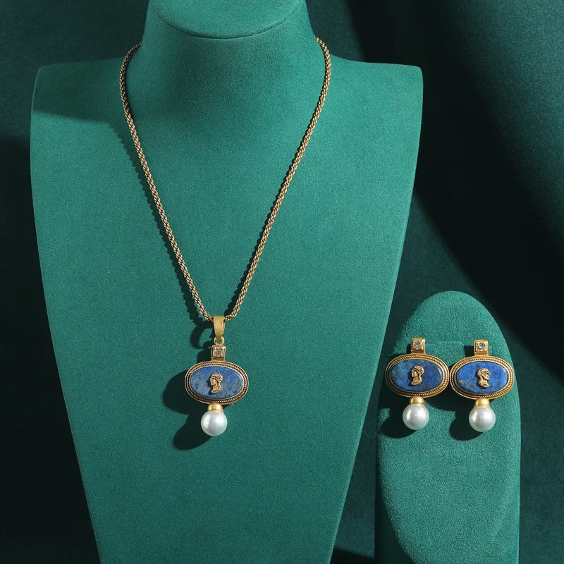 Antique Lapis Lazuli Cameo Necklace Earrings Set