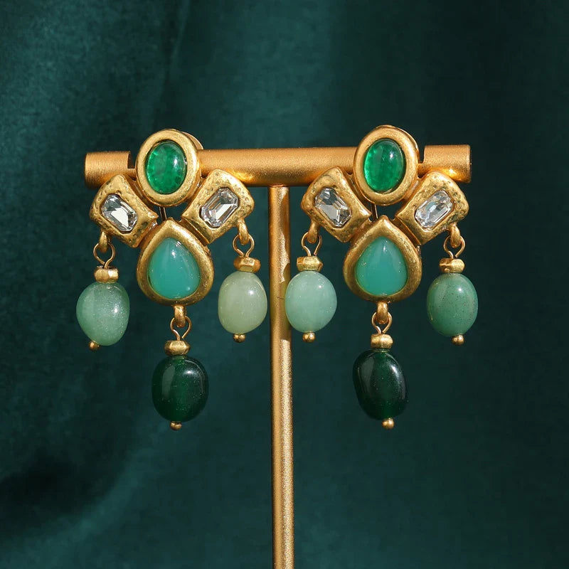 Elite Green Droplets Tassels Gold Earrings