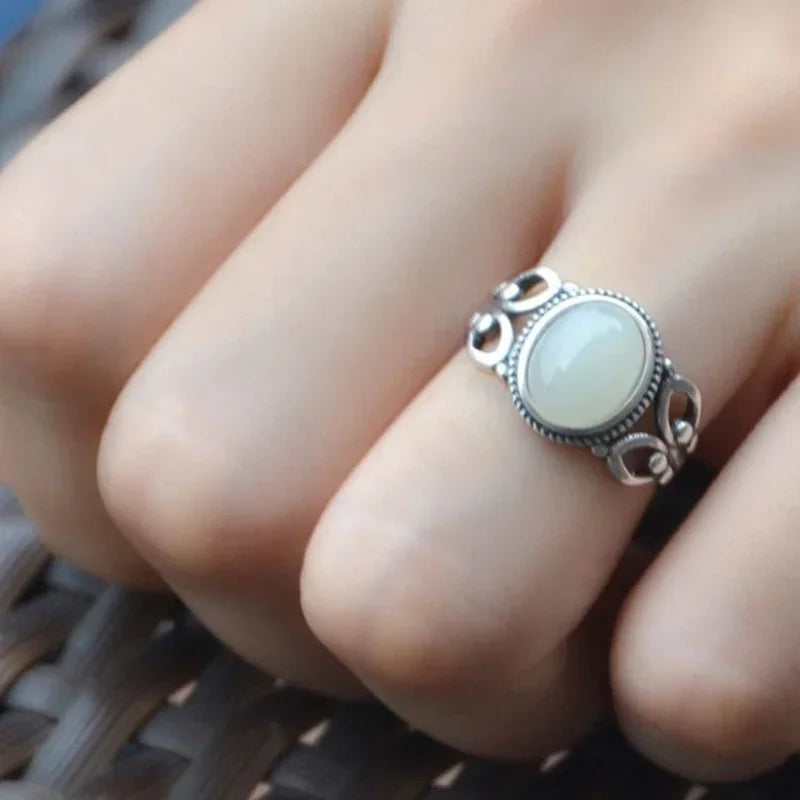 Silver Craft White Jade Ring