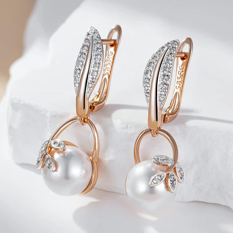 Crystal Leaf Pearl Dangle Earrings