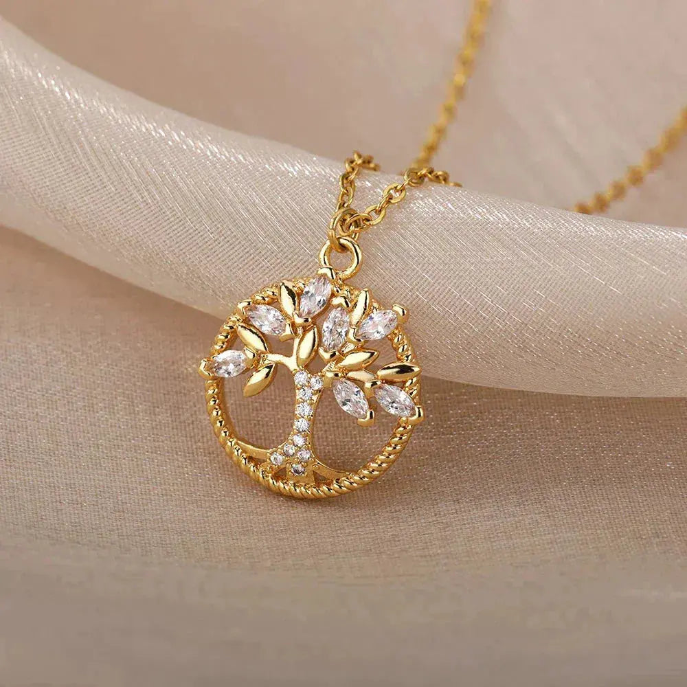 Gold Tree of Life Necklace with Zirconia