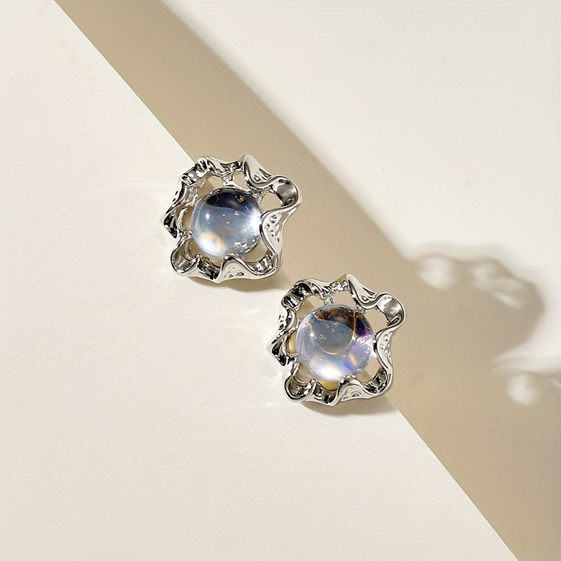 Wavy Silver Star Moonstone Earrings