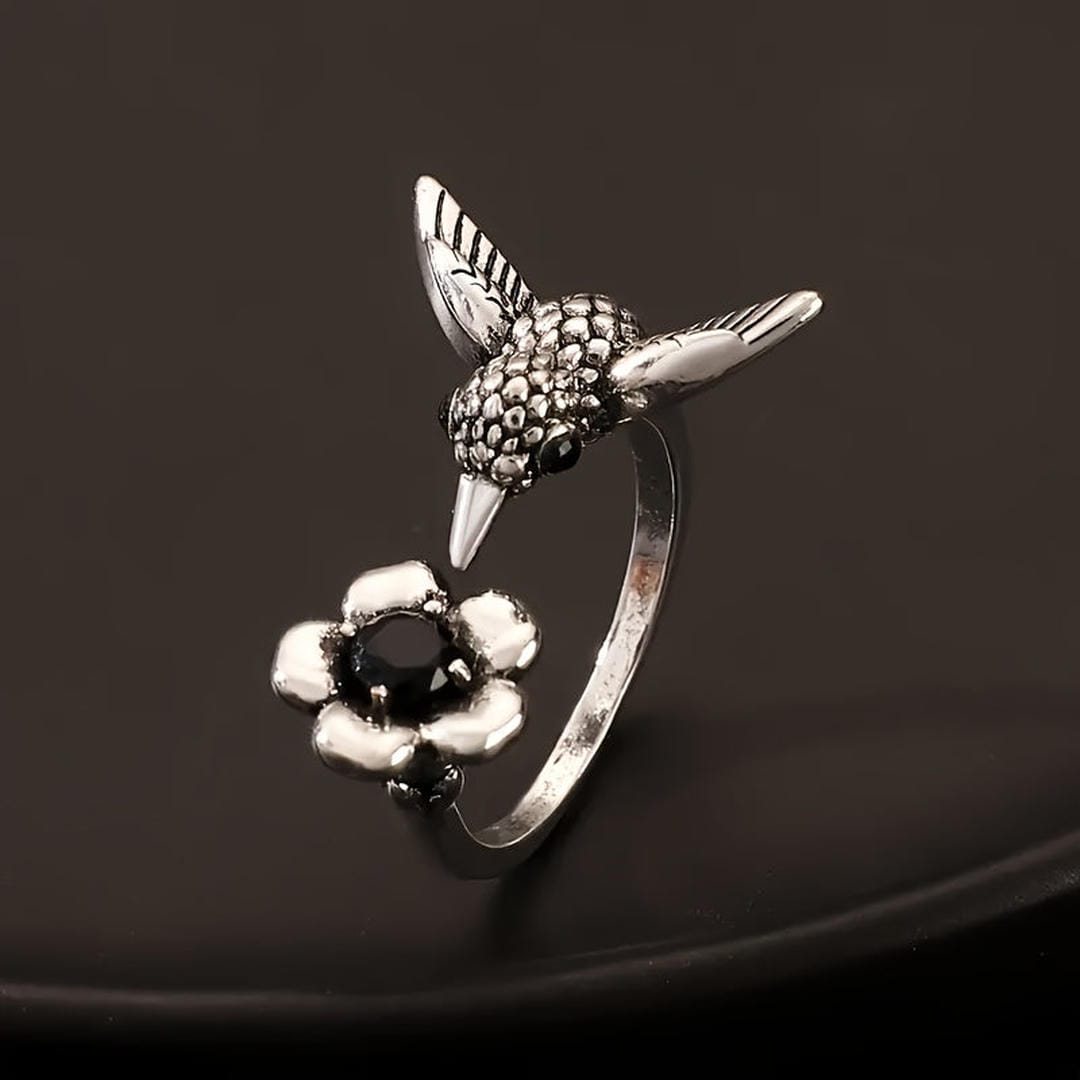 Hummingbird & Floral Stone Adjustable Ring