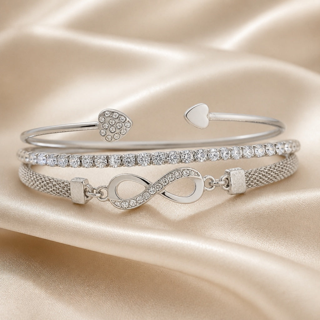 White Gold Rhinestone Infinity Bracelet Set