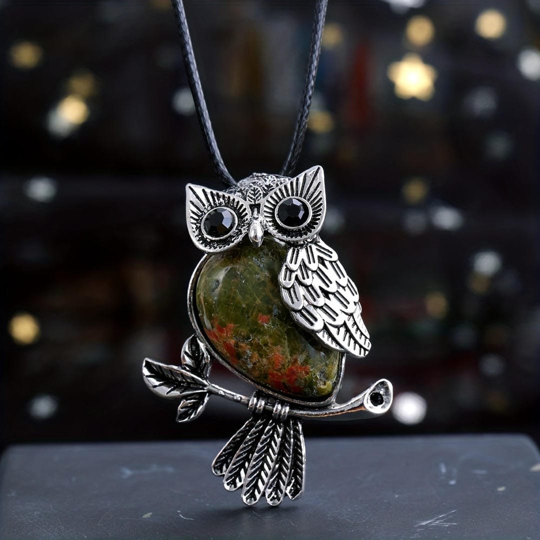 Silver Gemstone Owl Pendant Necklace