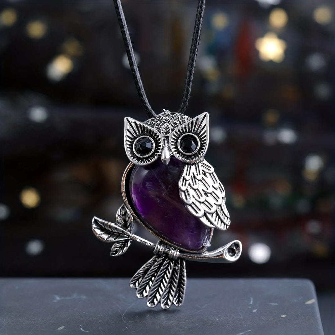 Silver Gemstone Owl Pendant Necklace