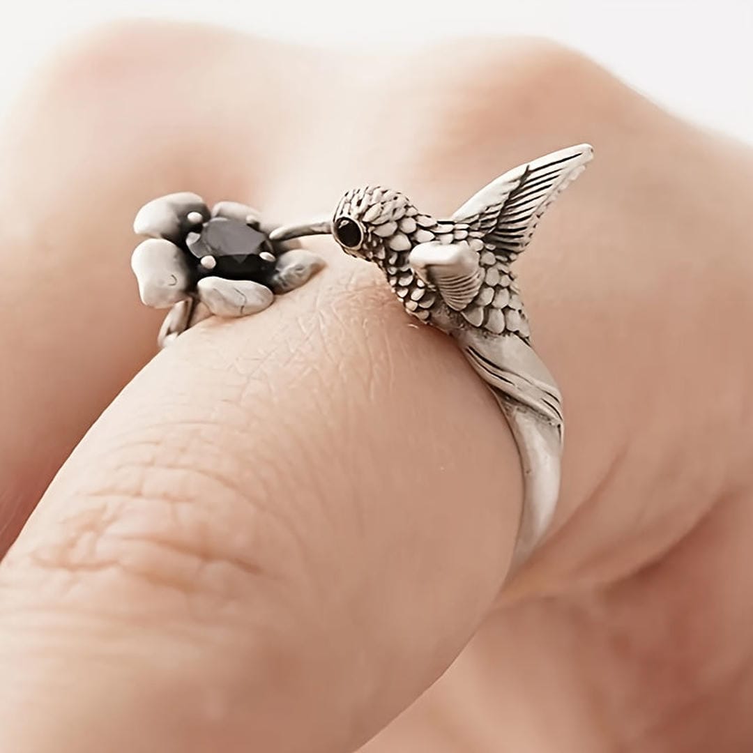Hummingbird & Floral Stone Adjustable Ring