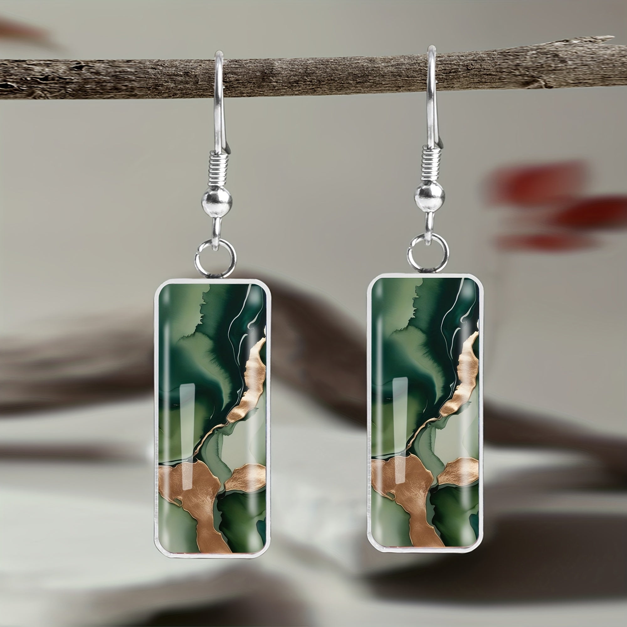 Minimalist Green Golden Abstract Earrings